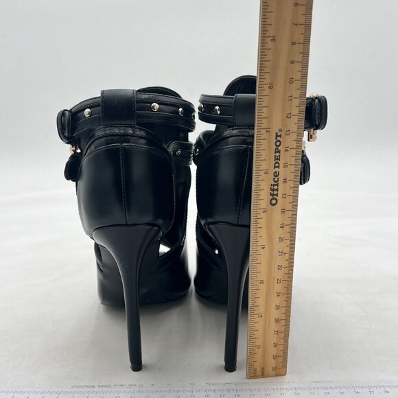 XYD Black Studs Peep Toe High Heels Buckled Double Straps Cutout Ankle Bootie - Picture 5 of 8